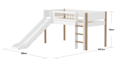 Mid-high Bed with Slide, Straight Ladder and Safety Rails, 90x200 cm, White/Oak