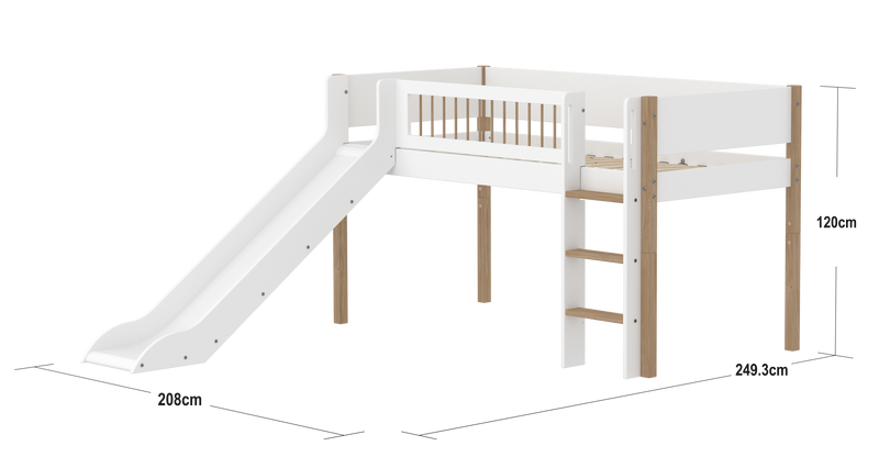 Mid-high Bed with Slide, Straight Ladder and Safety Rails, 90x200 cm, White/Oak