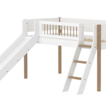 High Bed 120 cm with Slide, Ladder and Safety Rail, 90x200 cm, White/Oak MID_HIGH-BED midslp-slide-f-wht-200x90-legs-crossbars-oak-sl-ladder  flexa-com.myshopify.com