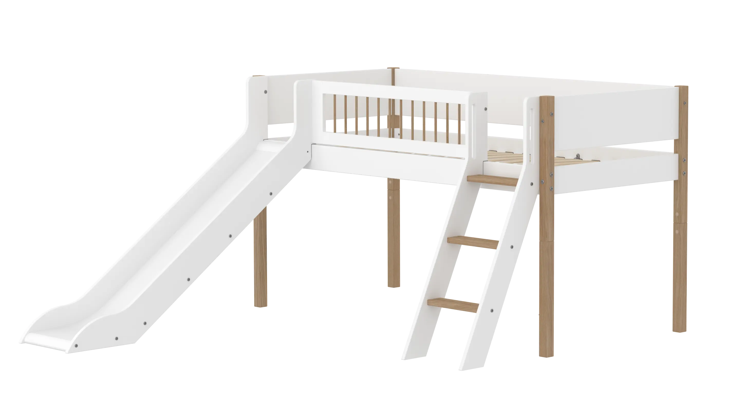 High Bed 120 cm with Slide, Ladder and Safety Rail, 90x200 cm, White/Oak MID_HIGH-BED midslp-slide-f-wht-200x90-legs-crossbars-oak-sl-ladder  flexa-com.myshopify.com
