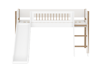 Mid-high Bed with Slide, Slanting Ladder and Safety Rails, 90x200 cm, White/Oak