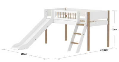 Mid-high Bed with Slide, Slanting Ladder and Safety Rails, 90x200 cm, White/Oak