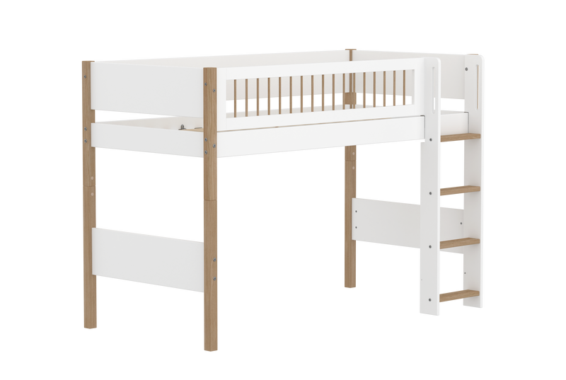 Semi-high Bed with Straight Ladder and Safety Rails, 90x200 cm, White/Oak