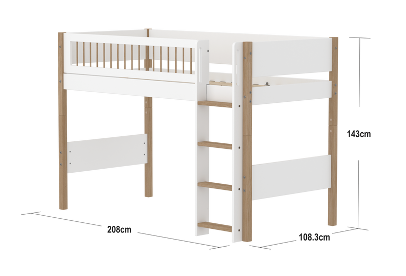 Semi-high Bed with Straight Ladder and Safety Rails, 90x200 cm, White/Oak