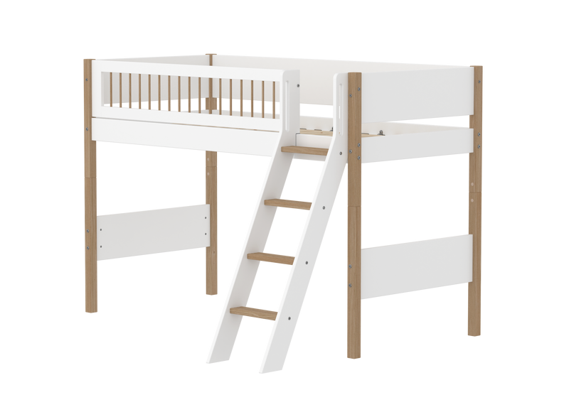 Semi-high Bed with Slanting Ladder and Safety Rails, 90x200 cm, White/Oak