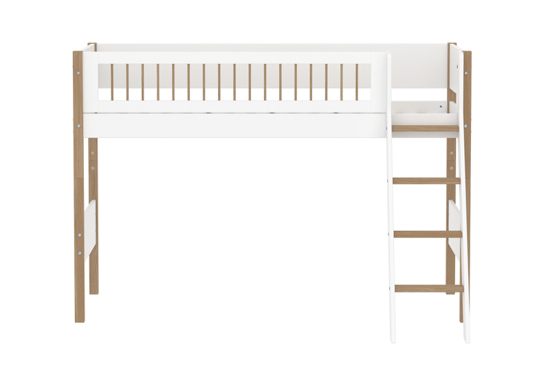 Semi-high Bed with Slanting Ladder and Safety Rails, 90x200 cm, White/Oak