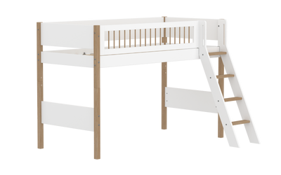 Semi-high Bed with Slanting Ladder and Safety Rails, 90x200 cm, White/Oak