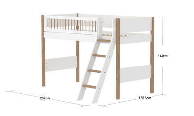 NOR Cama semi-alta, Escalera inclinada, 90x200 cm, Blanco/Roble