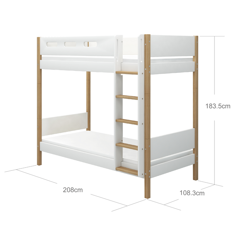 Bunk Bed with Extra Height, Straight Ladder and Safety Rail, 90x200 cm, White/Oak