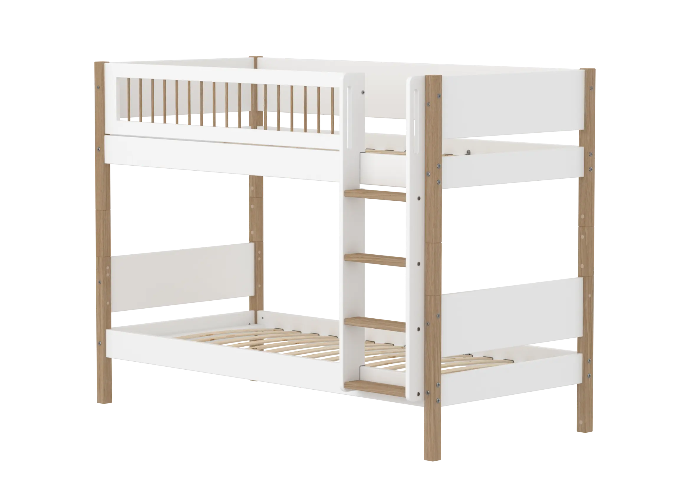 Bunk Bed 154 cm with Ladder and Safety Rail, 90x200 cm, White/Oak BUNKBED bunk-bed-f-wht-mdf-200x90-legs-crossbars-oak  flexa-com.myshopify.com