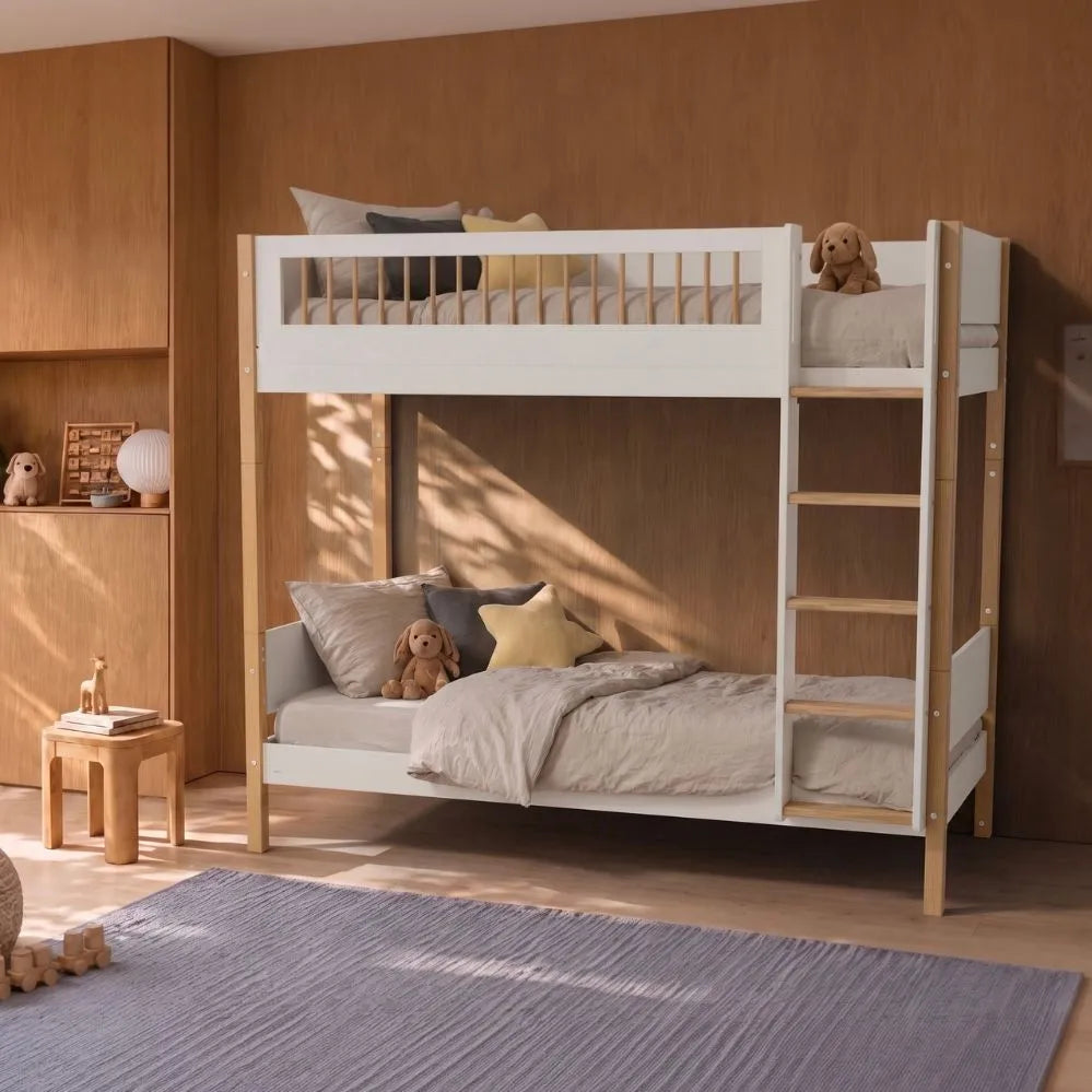 FLEXA Bunk Bed 184 cm with Straight Ladder and Crossbar Safety Rail, 90x200 cm, White/Oak, view 2