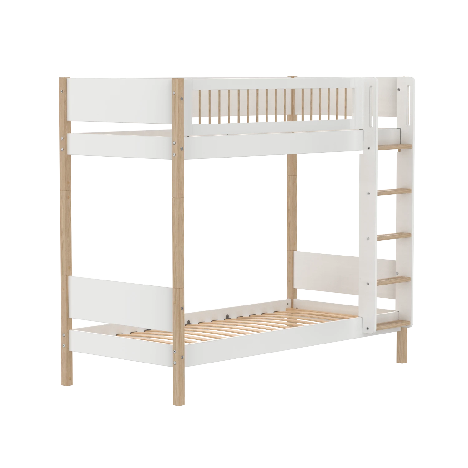FLEXA Bunk Bed 184 cm with Straight Ladder and Crossbar Safety Rail, 90x200 cm, White/Oak, view 3