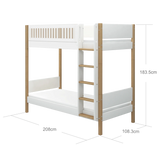 FLEXA Bunk Bed 184 cm with Straight Ladder and Crossbar Safety Rail, 90x200 cm, White/Oak, dimensions
