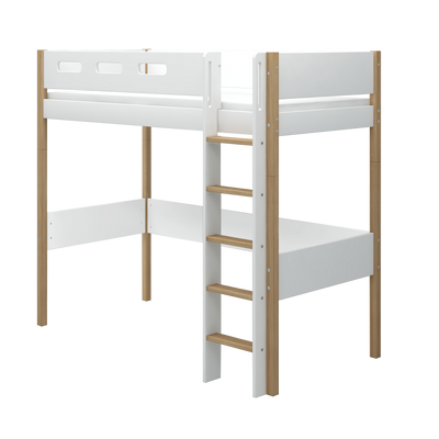 High Bed with Straight Ladder and Safety Rail, 90x200 cm, White/Oak