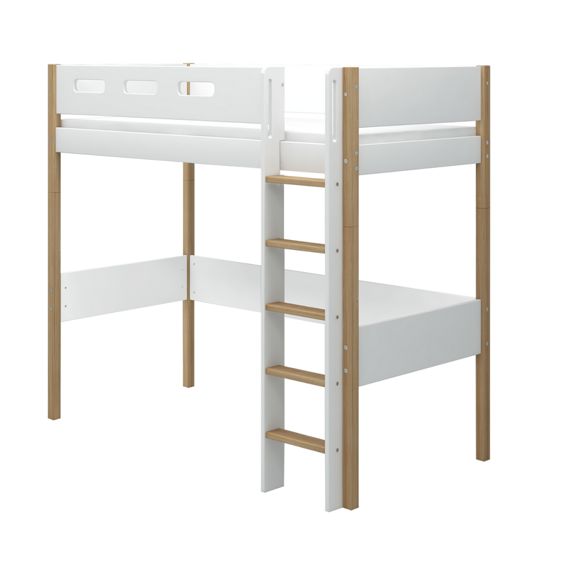 High Bed with Straight Ladder and Safety Rail, 90x200 cm, White/Oak