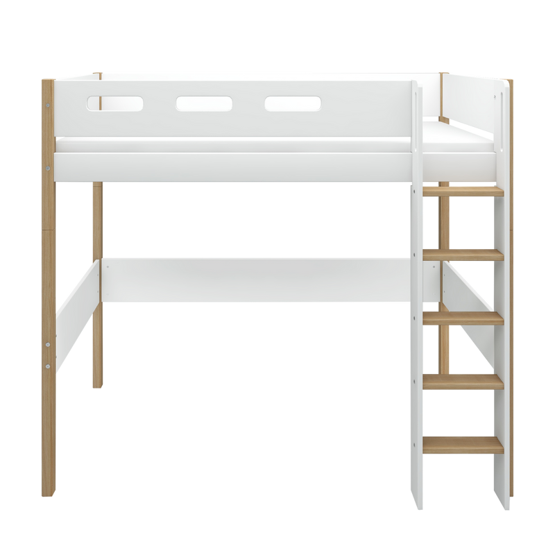 High Bed with Straight Ladder and Safety Rail, 90x200 cm, White/Oak