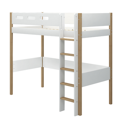 High Bed with Straight Ladder and Safety Rail, 90x200 cm, White/Oak