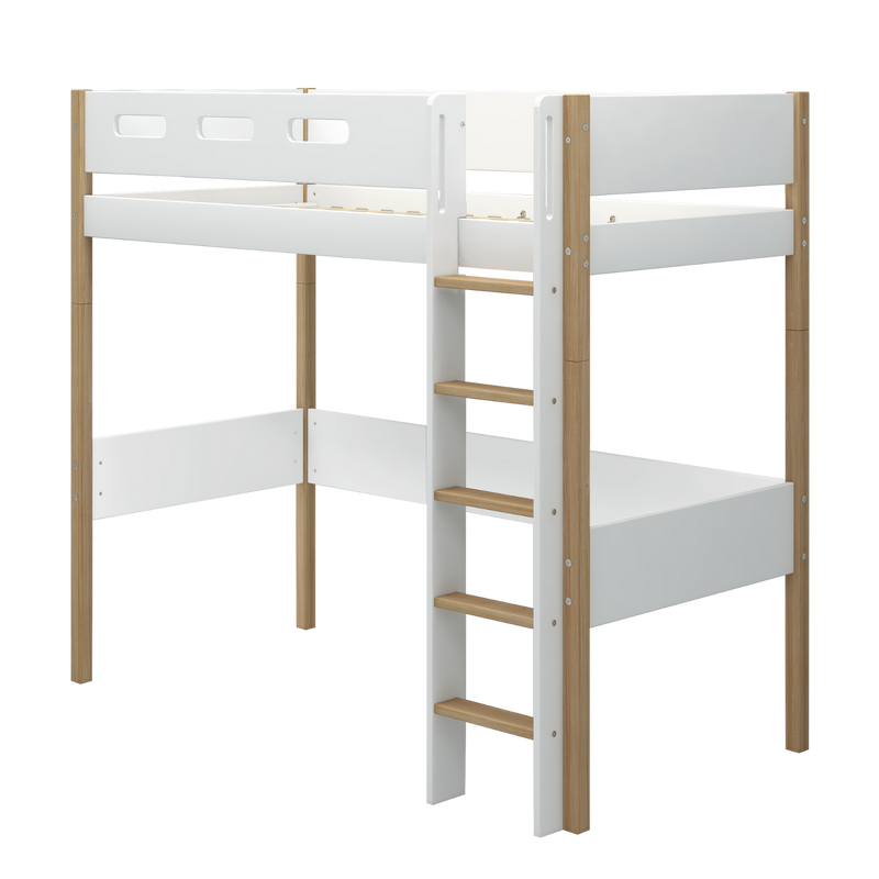 High Bed with Straight Ladder and Safety Rail, 90x200 cm, White/Oak