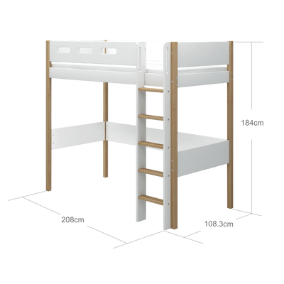 High Bed with Straight Ladder and Safety Rail, 90x200 cm, White/Oak