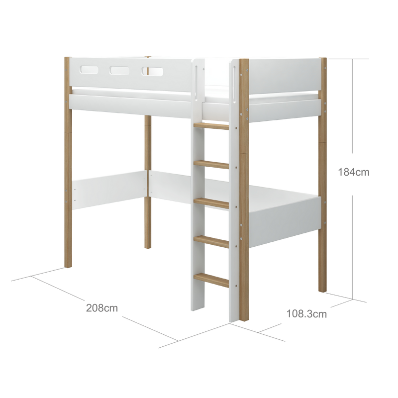 High Bed with Straight Ladder and Safety Rail, 90x200 cm, White/Oak