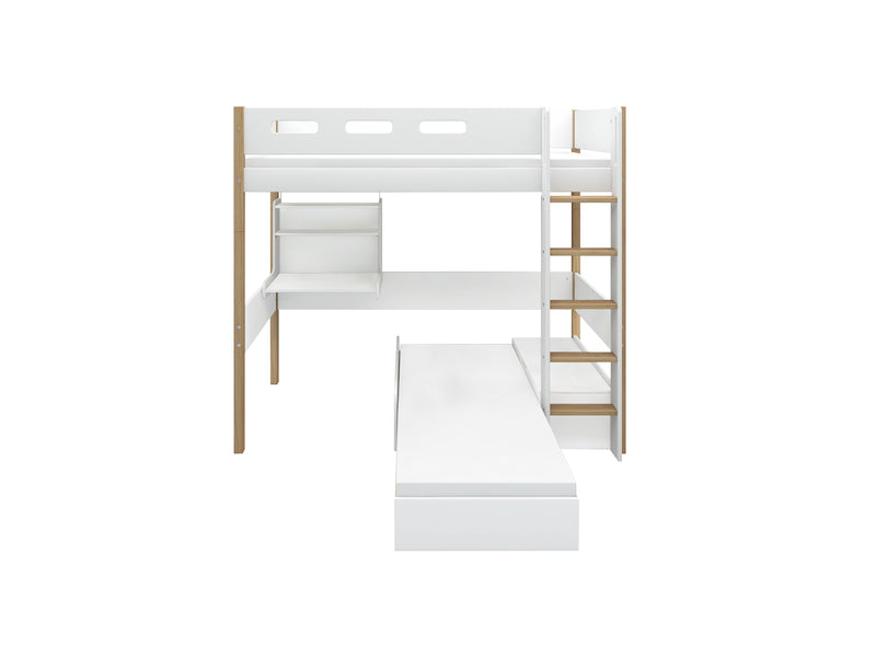 High Bed with Sofa, Desk, Straight Ladder and Safety Rail, 90x200 cm, White/Oak