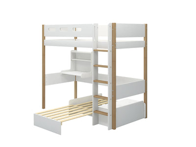 High Bed with Sofa, Desk, Straight Ladder and Safety Rail, 90x200 cm, White/Oak