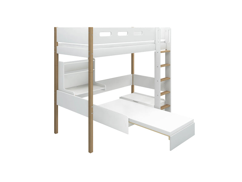 High Bed with Sofa, Desk, Straight Ladder and Safety Rail, 90x200 cm, White/Oak