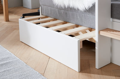 High Bed with Sofa, Desk, Straight Ladder and Safety Rail, 90x200 cm, White/Oak