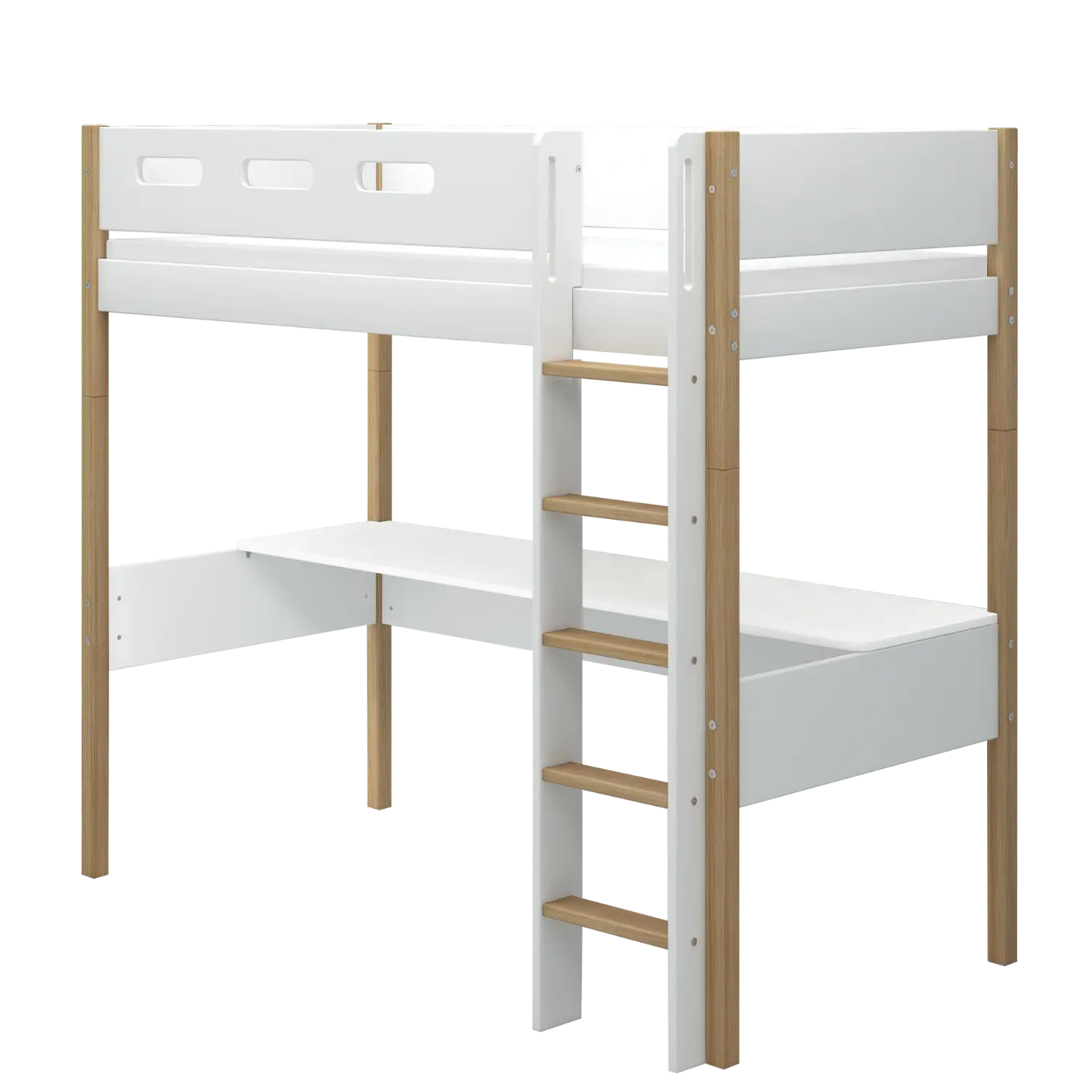 High Bed 184 cm with Desk and Safety Rail, 90x200 cm, White/Oak  highslp-str-ladder-legs-oak-200x90-desk-rail-f-wht  flexa-com.myshopify.com