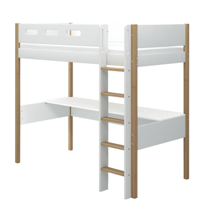 High Bed with Desk and Safety Rail, 90x200 cm, White/Oak