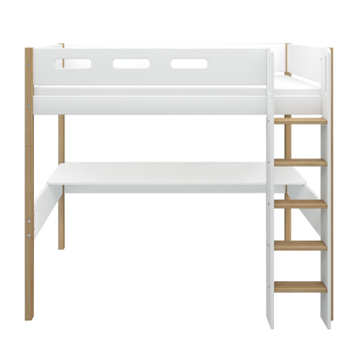 High Bed with Desk and Safety Rail, 90x200 cm, White/Oak