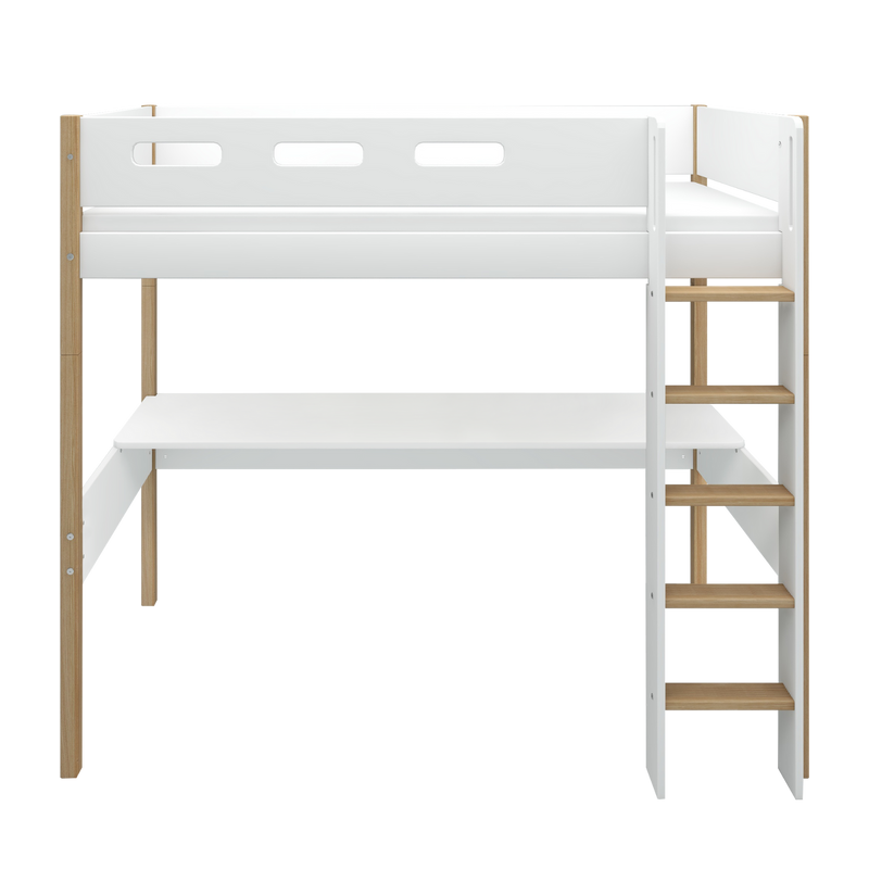 High Bed with Desk and Safety Rail, 90x200 cm, White/Oak