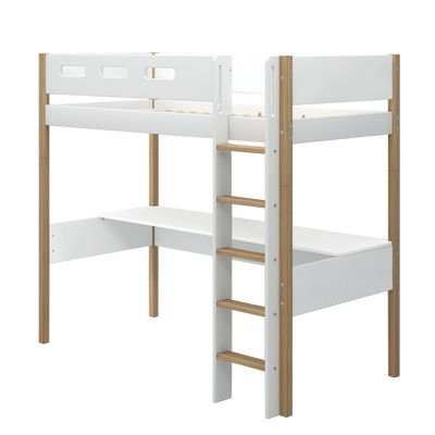 High Bed with Desk and Safety Rail, 90x200 cm, White/Oak