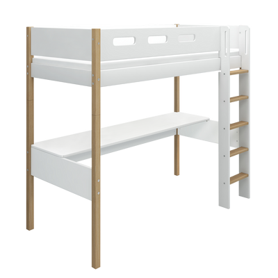 High Bed with Desk and Safety Rail, 90x200 cm, White/Oak