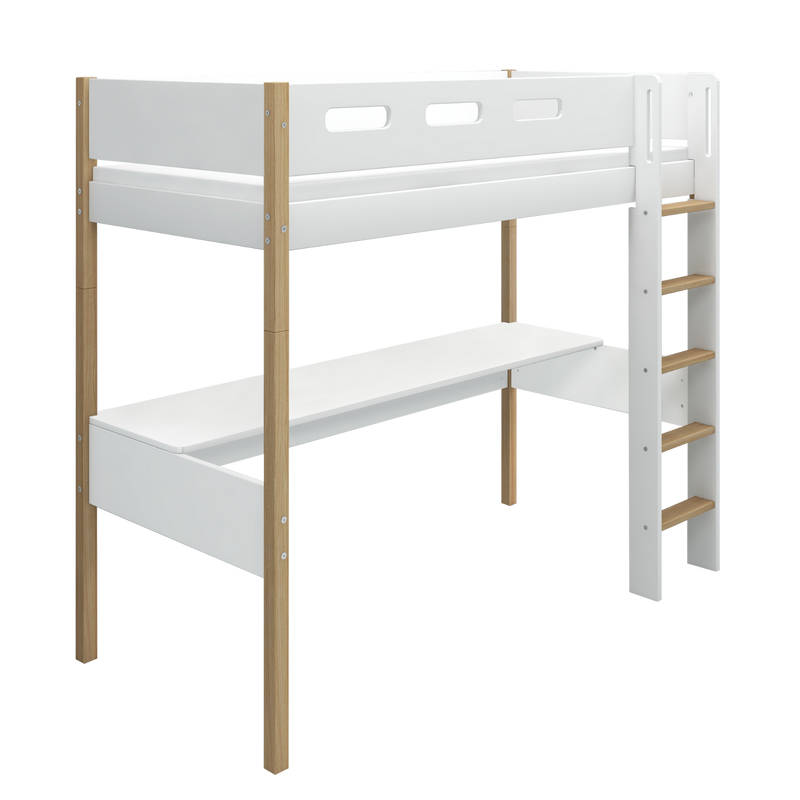 High Bed with Desk and Safety Rail, 90x200 cm, White/Oak