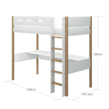 High Bed with Desk and Safety Rail, 90x200 cm, White/Oak
