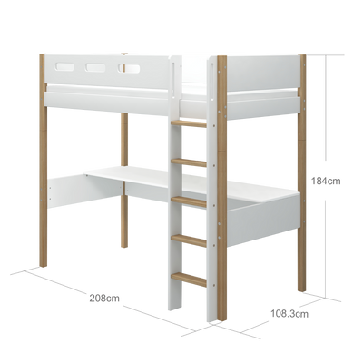 NOR Hochbett mit Schreibtisch, 90x200 cm, Weiss/Eiche