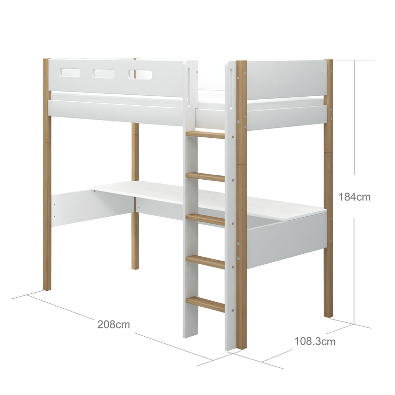 High Bed with Desk and Safety Rail, 90x200 cm, White/Oak