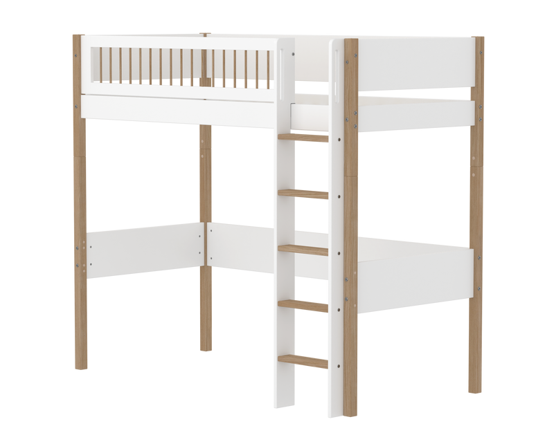 High Bed with Straight Ladder and Safety Rails, 90x200 cm, White/Oak