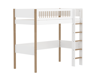 High Bed with Straight Ladder and Safety Rails, 90x200 cm, White/Oak