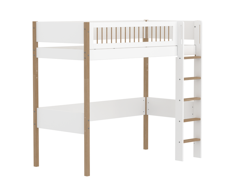 High Bed with Straight Ladder and Safety Rails, 90x200 cm, White/Oak