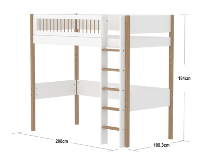 High Bed with Straight Ladder and Safety Rails, 90x200 cm, White/Oak