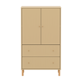 SAGA Schrank, 2 Türen und 2 Schubladen mit Rillen, Füße und Griffe in Eiche, Oat