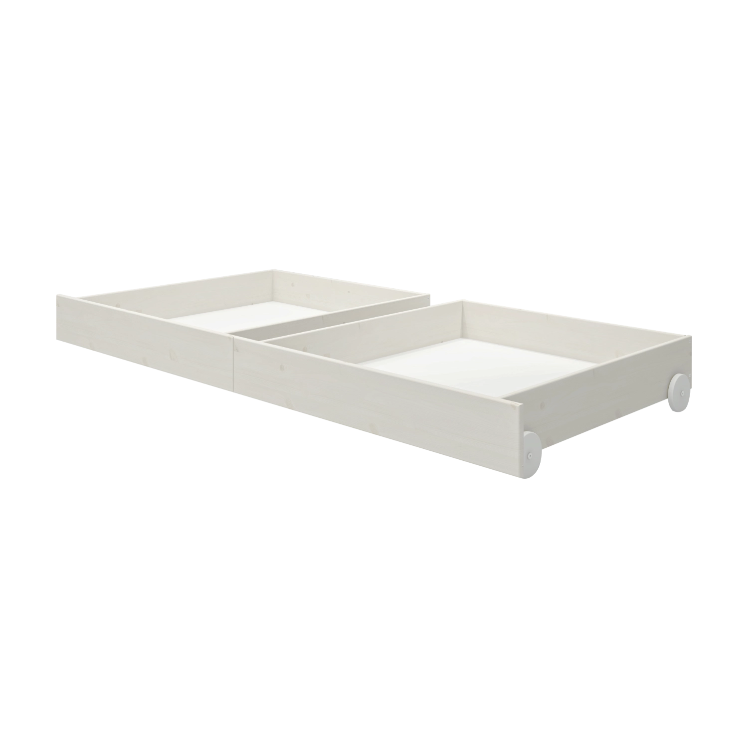 Cajones con ruedas para debajo de la cama FLEXA WHITE de pino para niños, diseñados para colocarse debajo de una cama individual; seguros para los niños, con bordes redondeados.