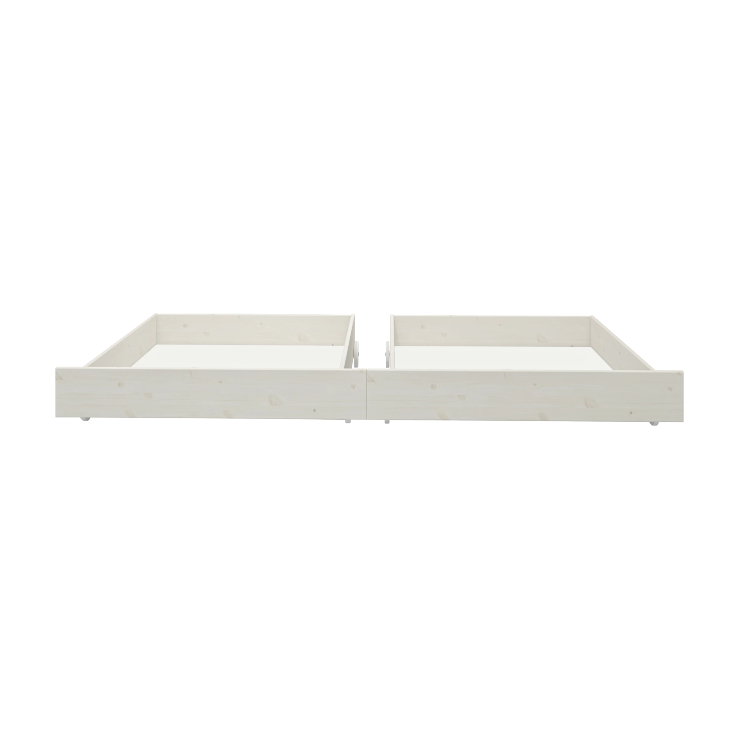 Cajones para debajo de la cama FLEXA WHITE de la gama CLASSIC, de pino macizo, aptos para colocar debajo de las camas infantiles, con bordes redondeados para mayor seguridad.