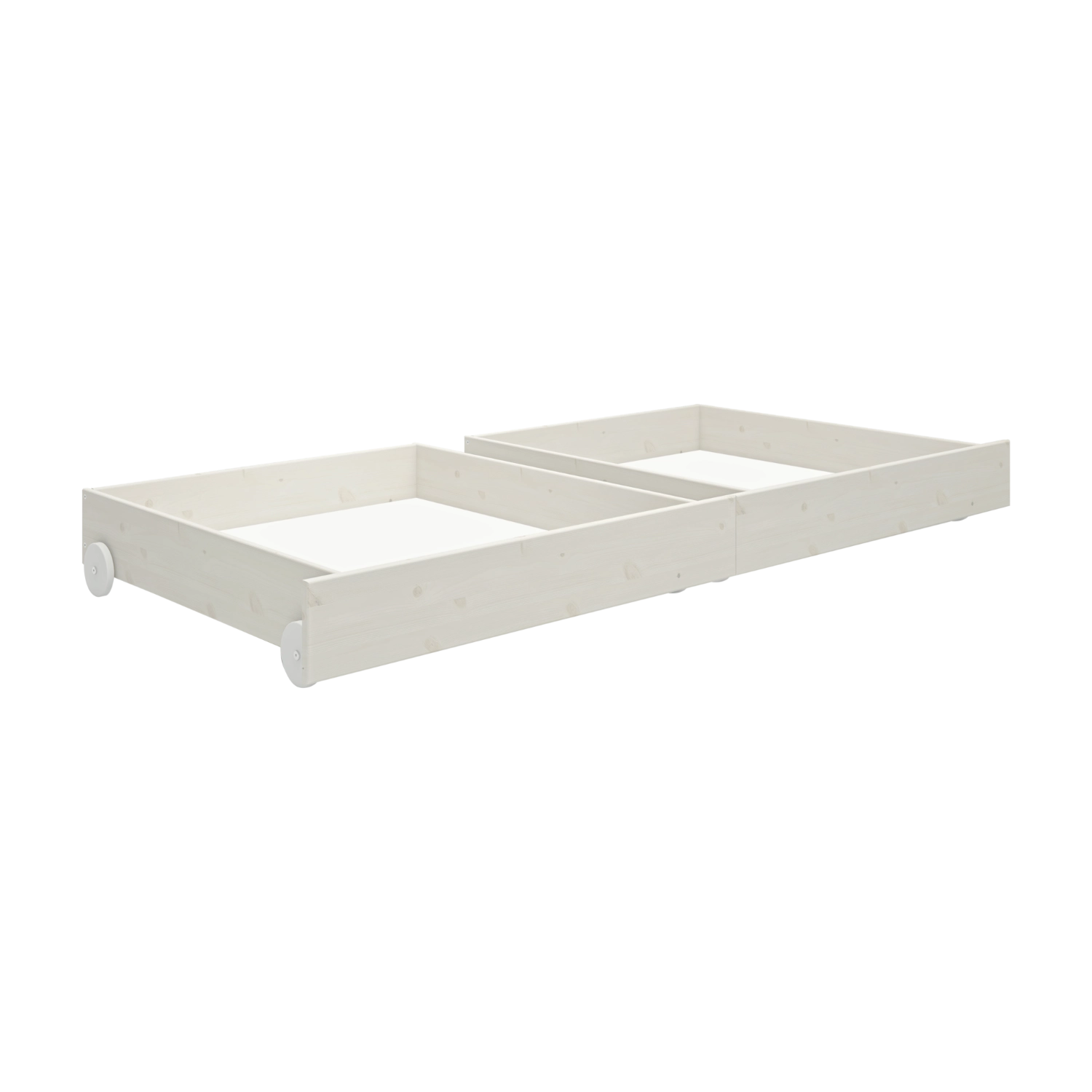 Cajones FLEXA WHITE, de pino y con ruedas, que encajan perfectamente debajo de la cama en la habitación infantil; bordes seguros visibles.