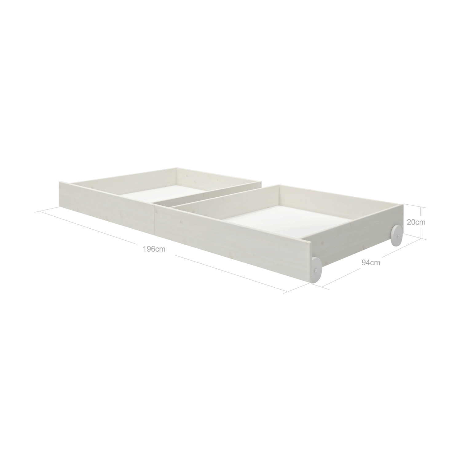 Cajones con ruedas para debajo de la cama de pino blanco de la marca FLEXA, que se muestran en una habitación infantil; con bordes redondeados para mayor seguridad.