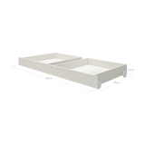 Cajones con ruedas para debajo de la cama de pino blanco de la marca FLEXA, que se muestran en una habitación infantil; con bordes redondeados para mayor seguridad.