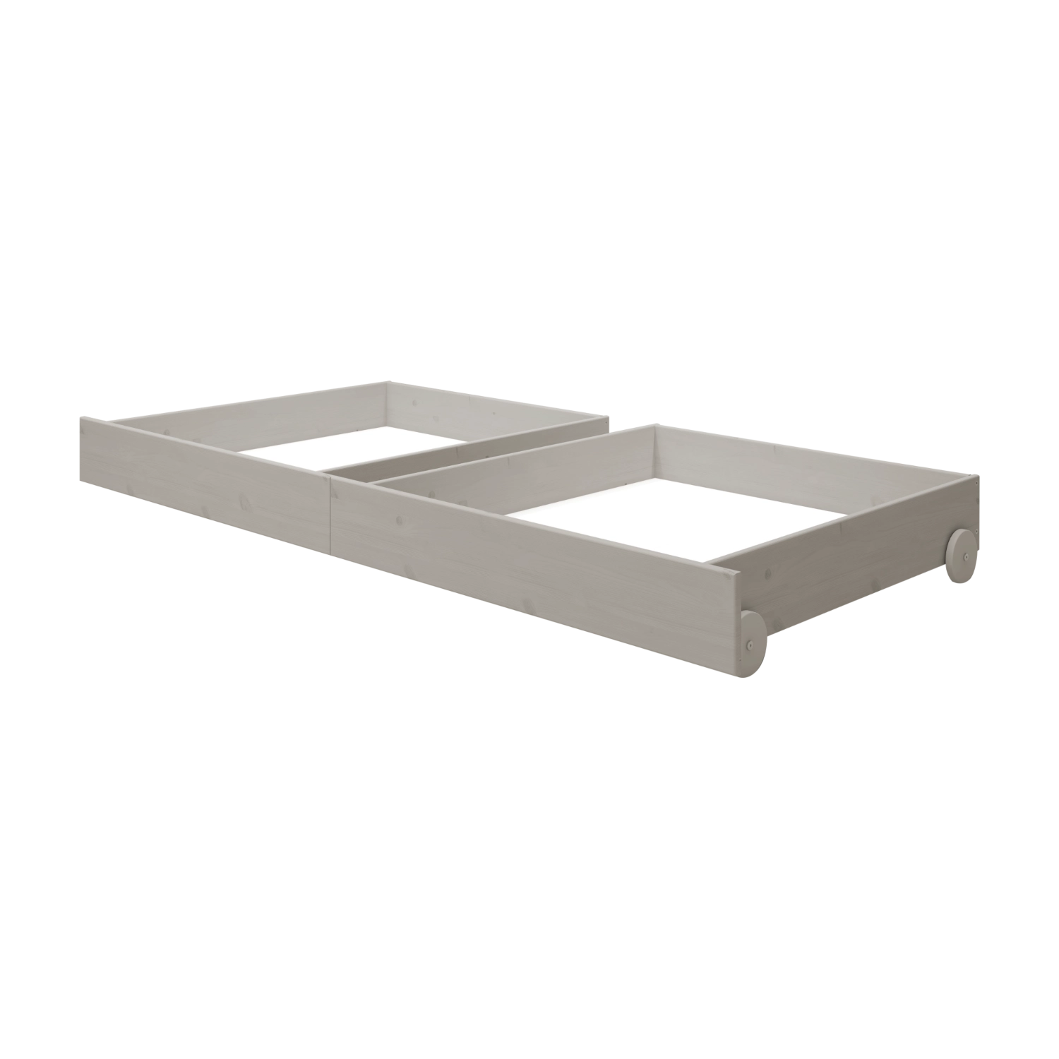 Cajones con ruedas para debajo de la cama FLEXA en color gris, de la colección CLASSIC, con bordes seguros para los niños, mostrados en una habitación infantil.