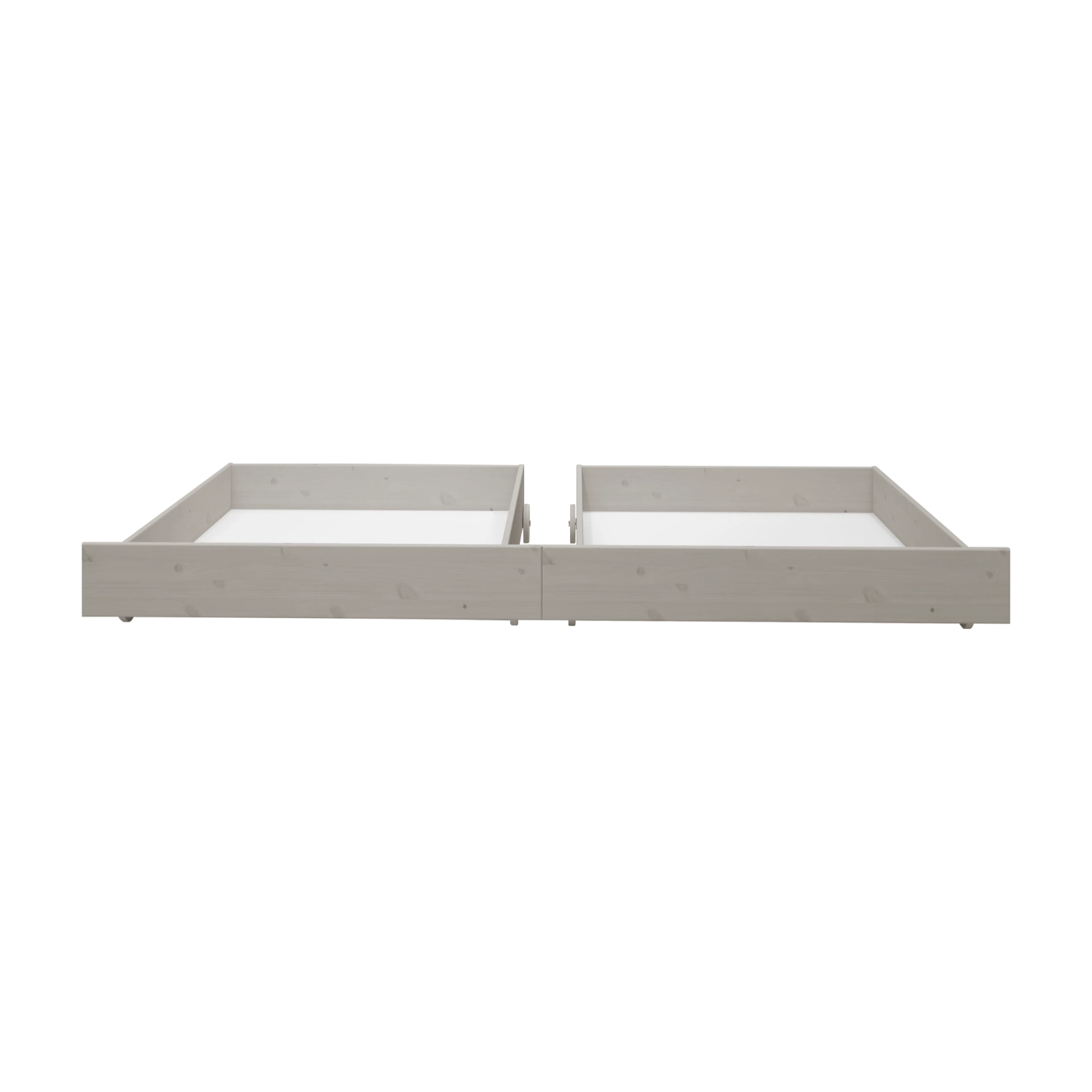 Cajones de cama FLEXA en color gris para camas individuales o literas, con diseño seguro para niños, mostrados uno al lado del otro sobre un fondo blanco.